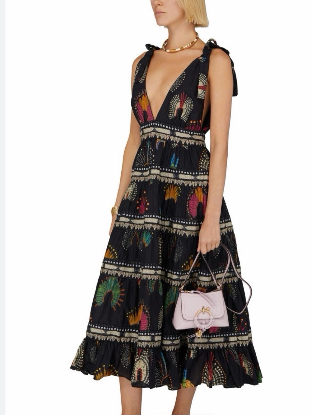 Farm Rio Headdress Midi Dress featuring tie straps and a vibrant pattern.